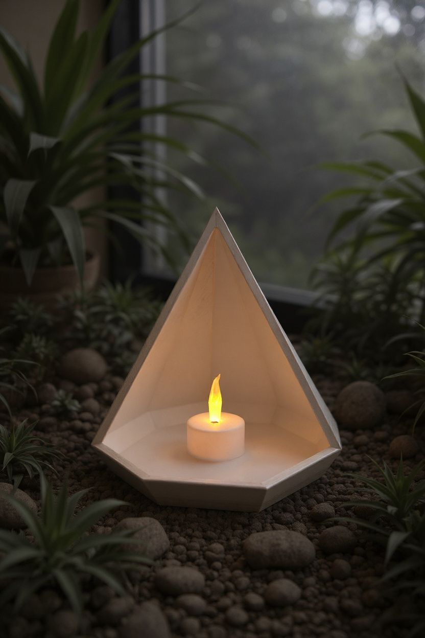 Geometric pyramid catchall tray styled on nightstand with tealight and jewelry