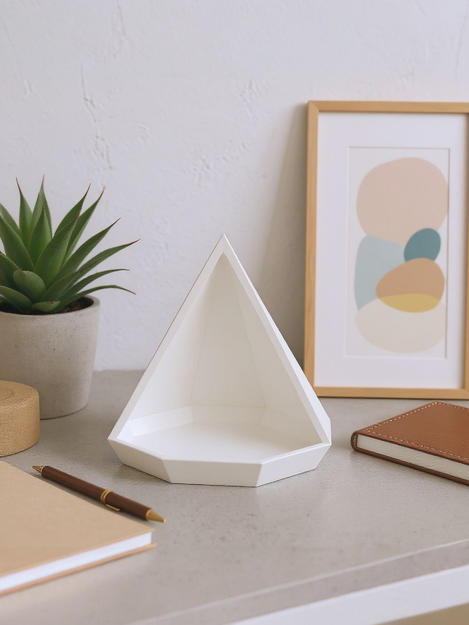 Detail view of pyramid tray's multi-faceted surface and clean lines