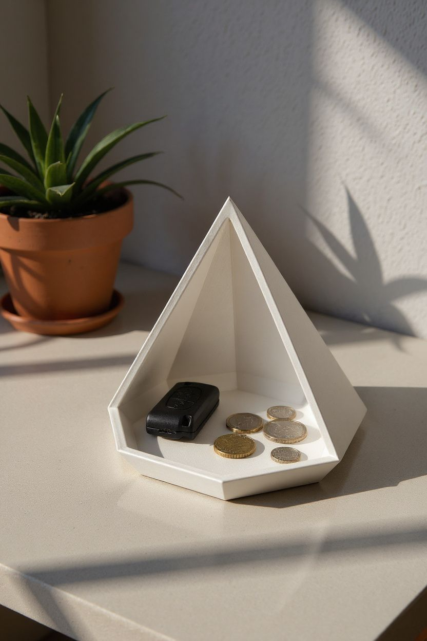 Close-up of geometric pyramid catchall tray showing faceted angles and octagonal base