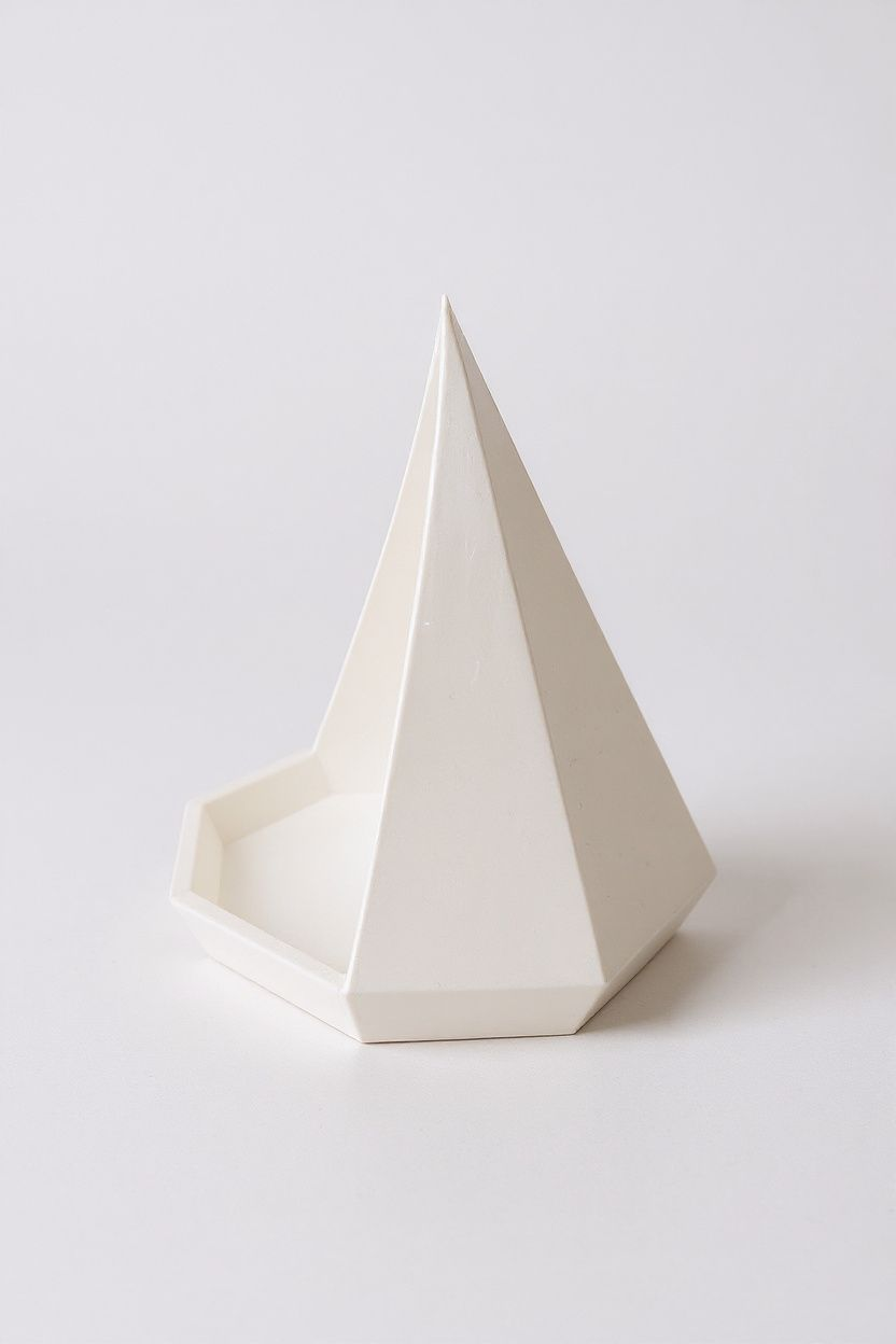 Close-up of geometric pyramid catchall tray showing faceted angles and octagonal base