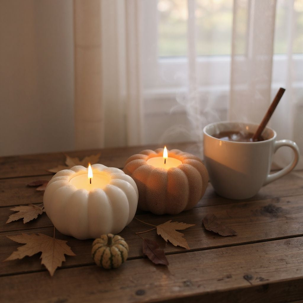 Terracotta pumpkin tealight holder glowing with LED light on wooden shelf