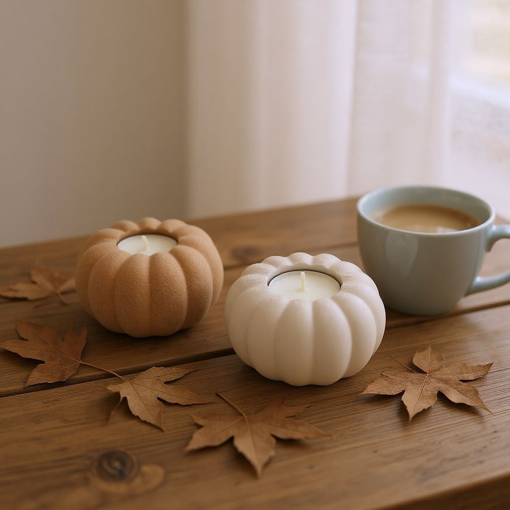 Detail of pumpkin tealight holder texture with warm lighting