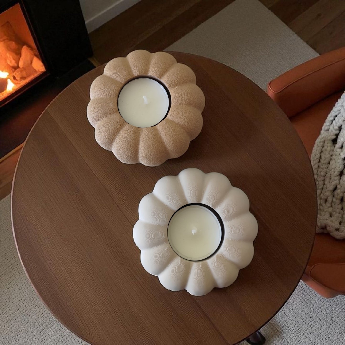 Pumpkin tealight holder in cream, close-up showing smooth surface
