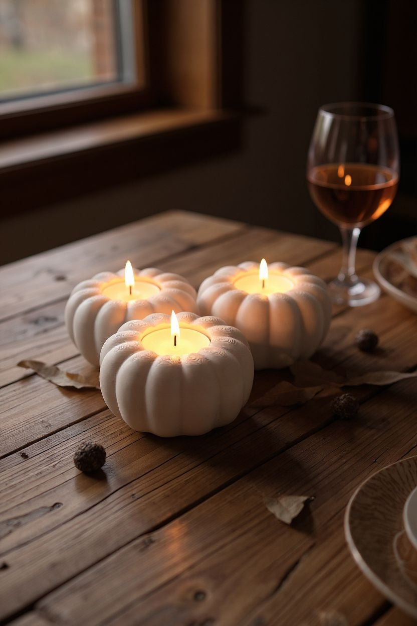 Autumnal pumpkin tealight holder with lit candles on a wooden shelf