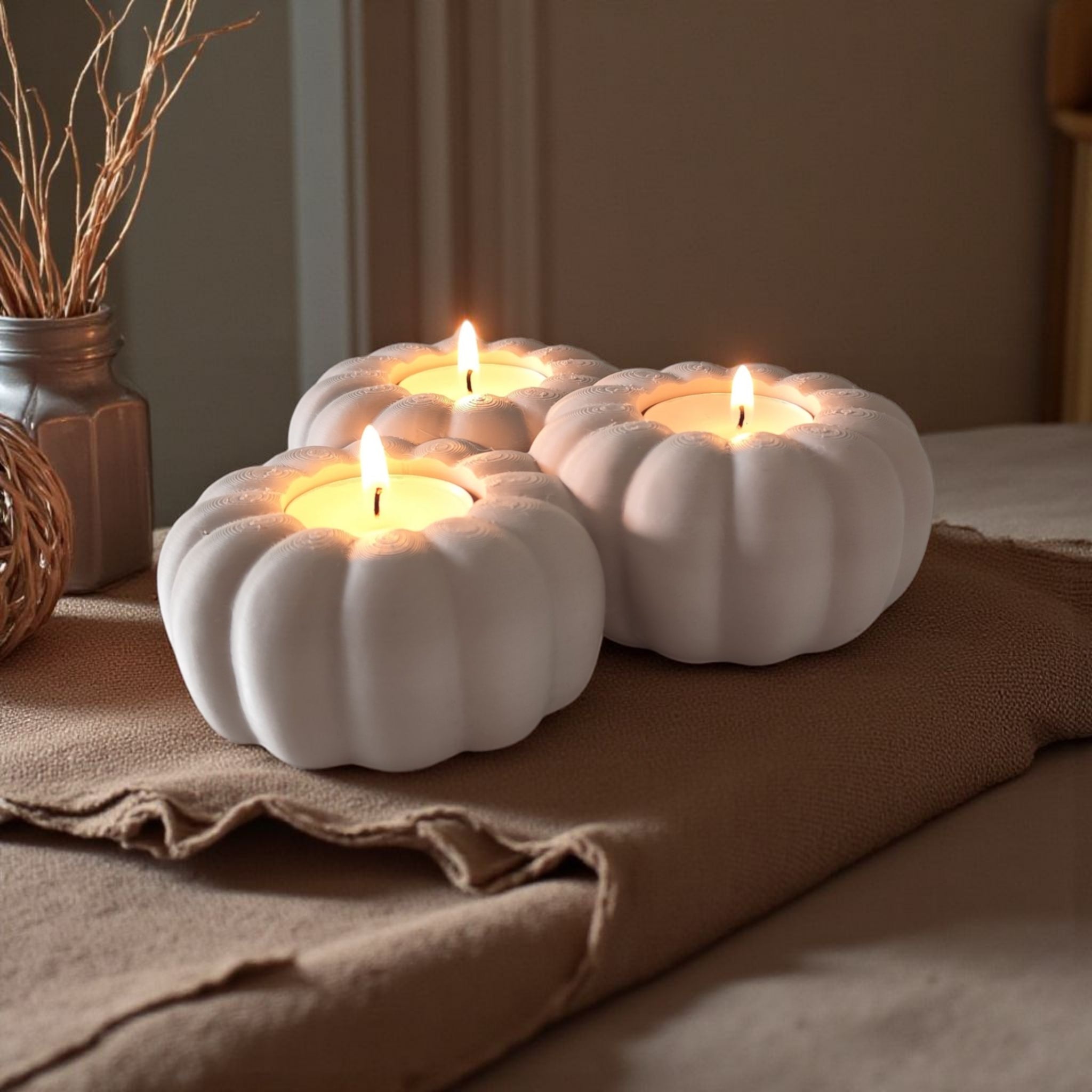 Detail of pumpkin texture on minimalist tealight holder for autumn decor