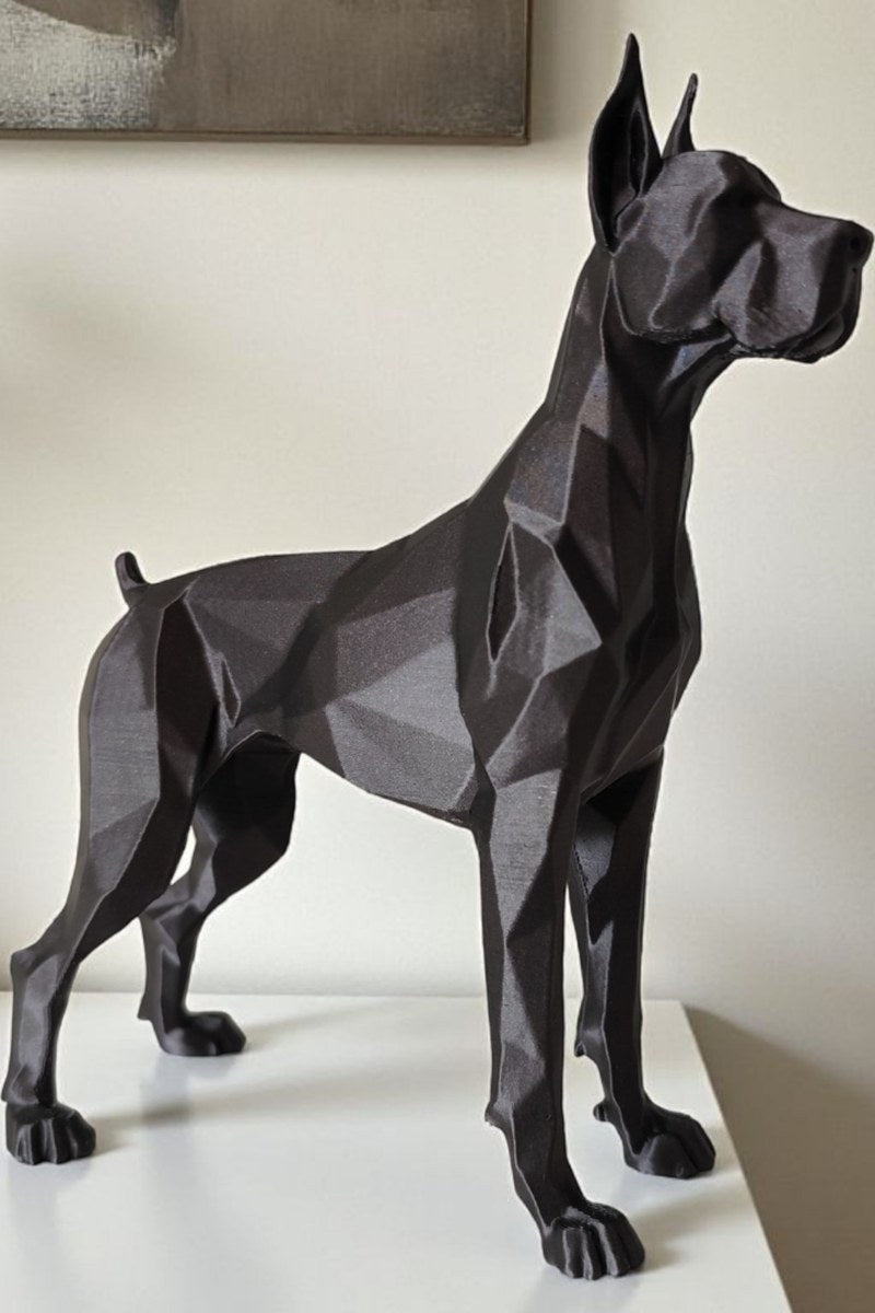 Low poly great dane sculpture showing geometric faceted surface and strong profile