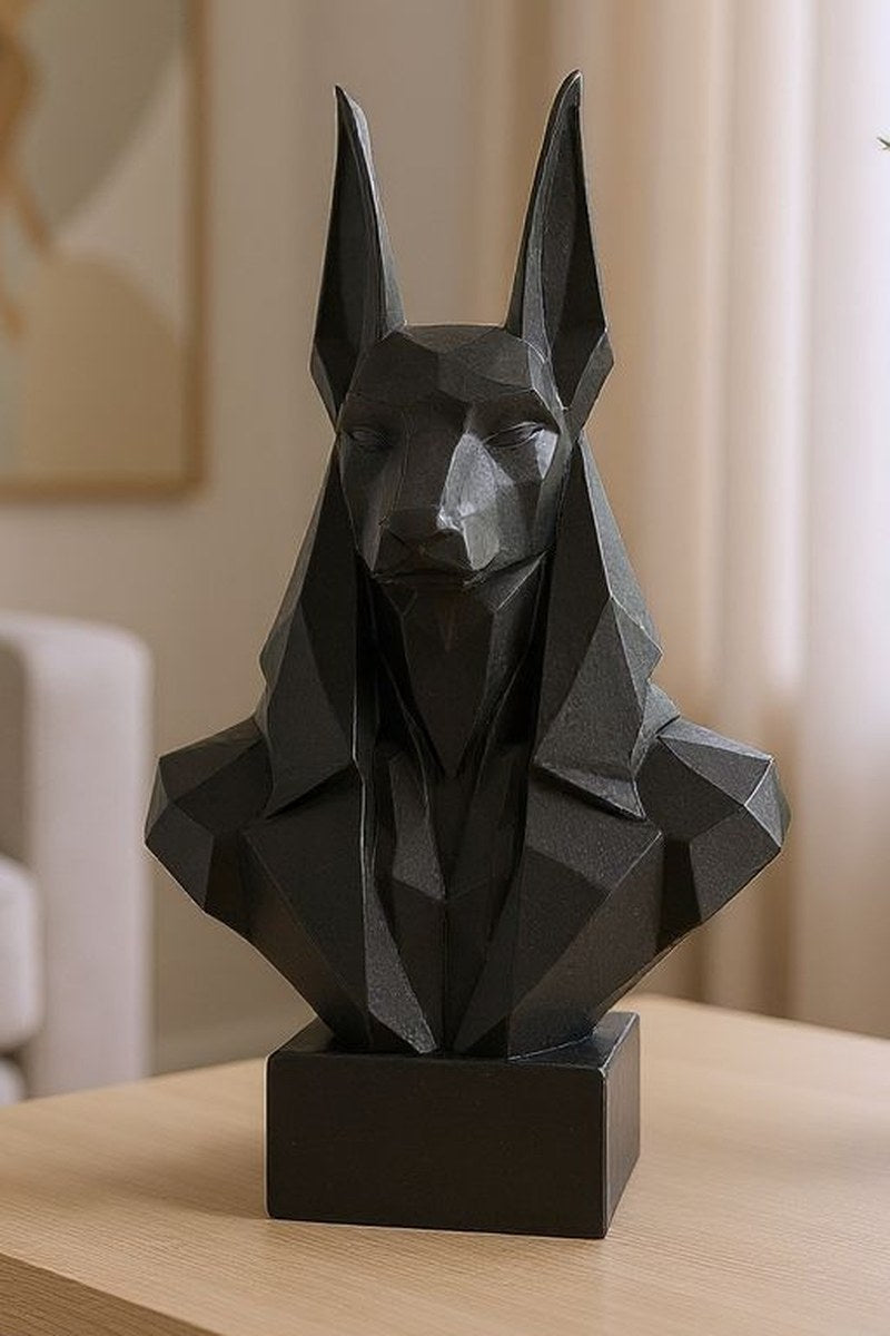 Close-up of low poly anubis bust showing faceted geometric surfaces