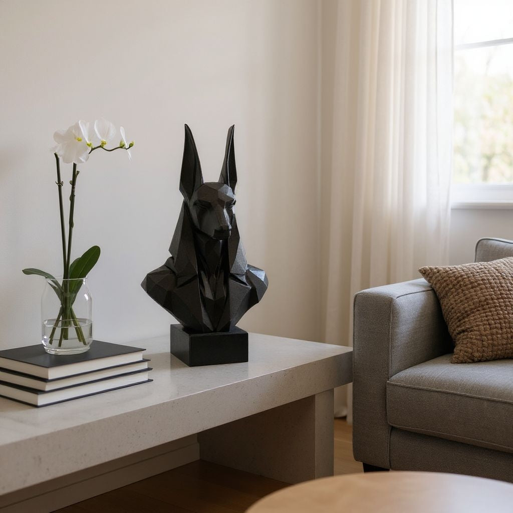 Low poly anubis bust displayed on a shelf in minimalist interior setting
