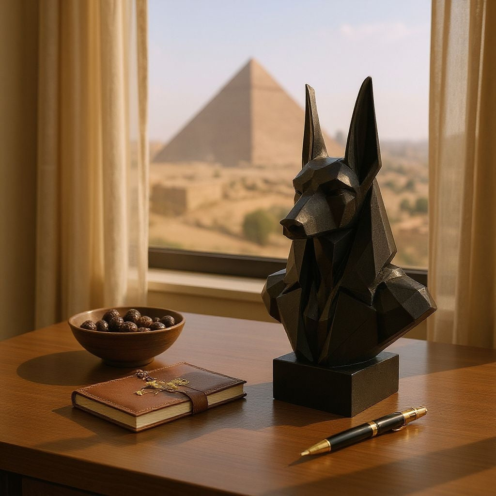 Close-up of low poly anubis bust showing faceted geometric surfaces