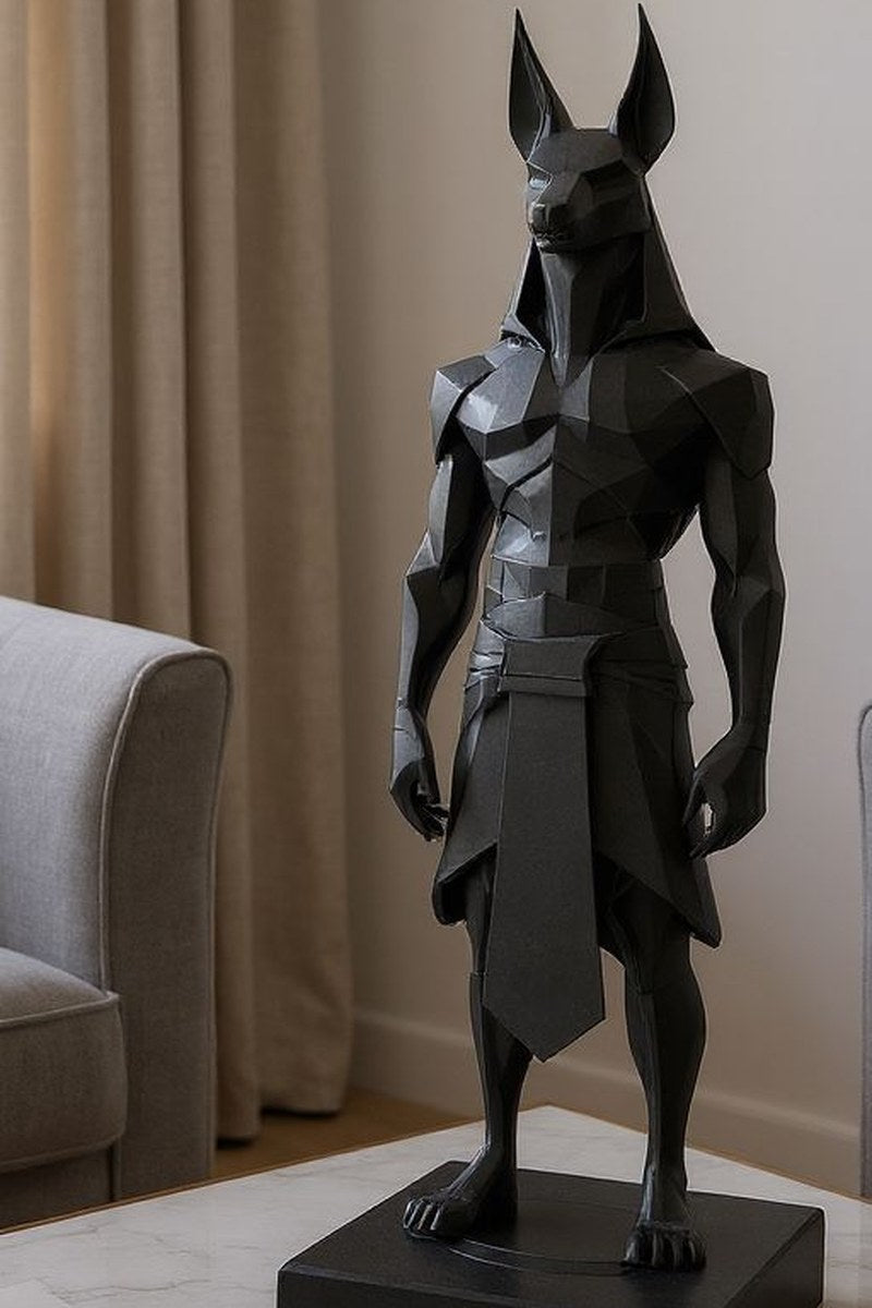 Close-up of low poly anubis statue showing geometric faceted surfaces and angular design