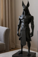 Close-up of low poly anubis statue showing geometric faceted surfaces and angular design