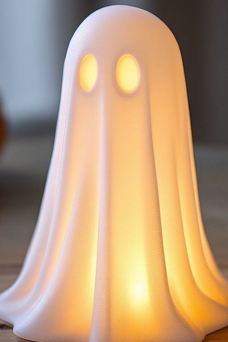 White halloween ghost decoration with LED tealight inside, glowing softly