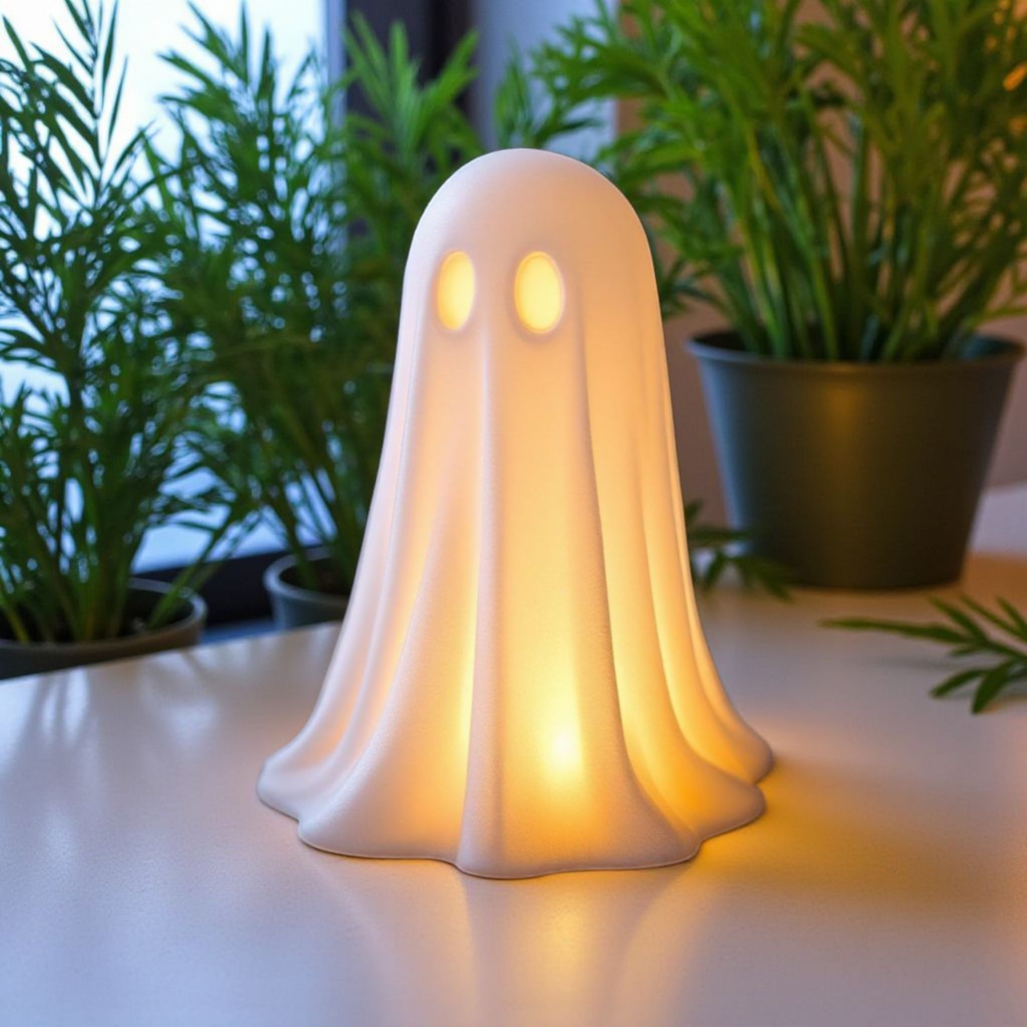 Little halloween ghost displayed on a wooden shelf with autumn styling