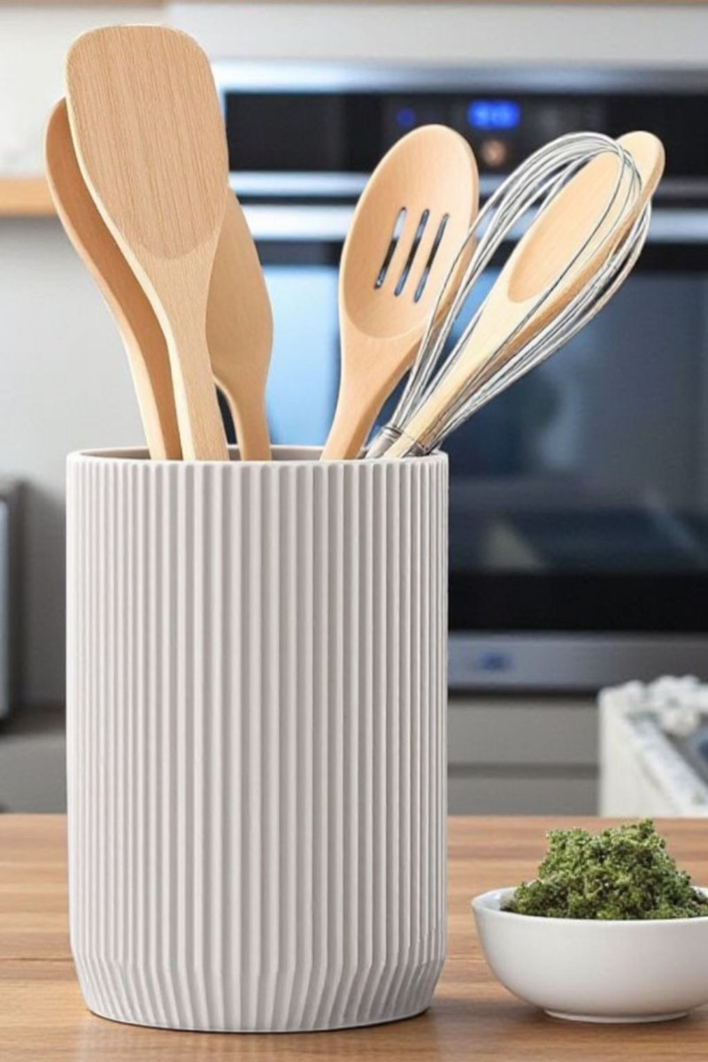 Close-up of ribbed utensil holder showing vertical texture detail