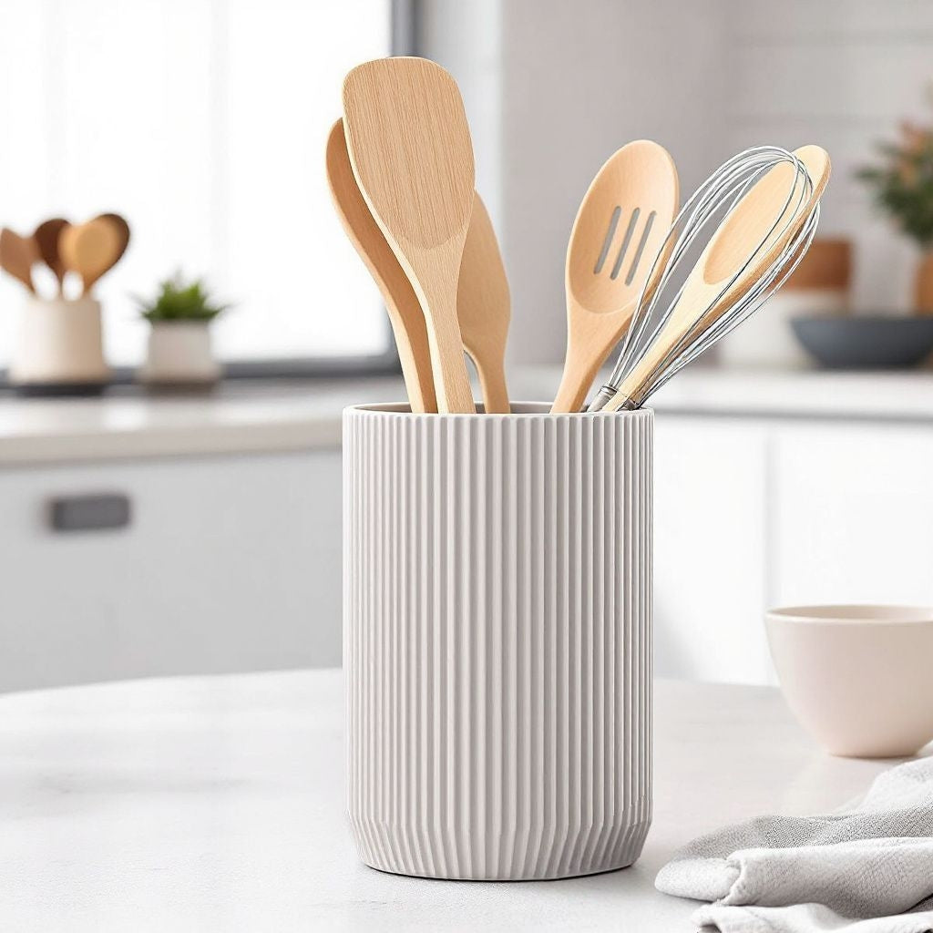 Ribbed kitchen utensil holder styled on countertop with wooden spoons and spatulas