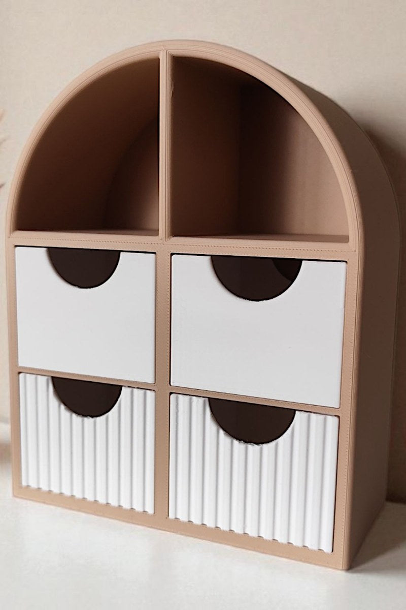 Minimalist jewelry shelf with smooth drawers, front view showing open display area
