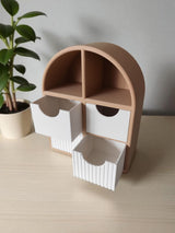 Close-up of drawer front showing ribbed texture detail on jewelry storage shelf