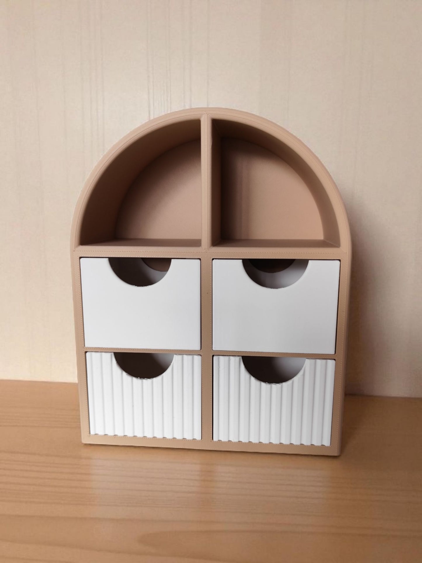 Minimalist jewelry shelf with smooth drawers, front view showing open display area
