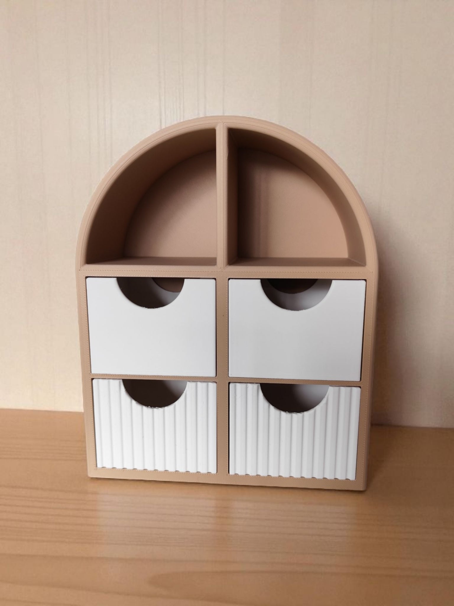 Minimalist jewelry shelf with smooth drawers, front view showing open display area