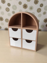 Minimalist jewelry shelf with smooth drawers, front view showing open display area