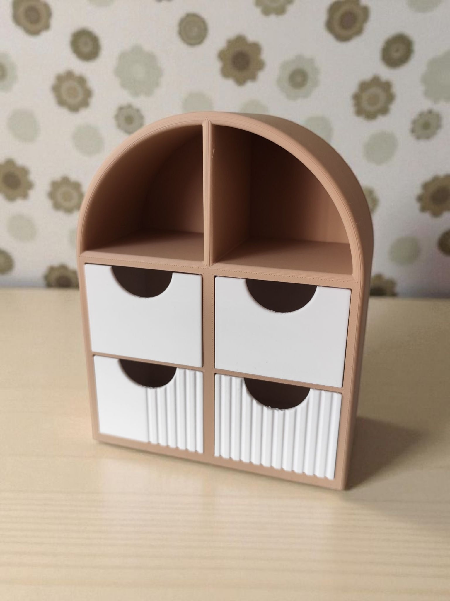 Minimalist jewelry shelf with smooth drawers, front view showing open display area