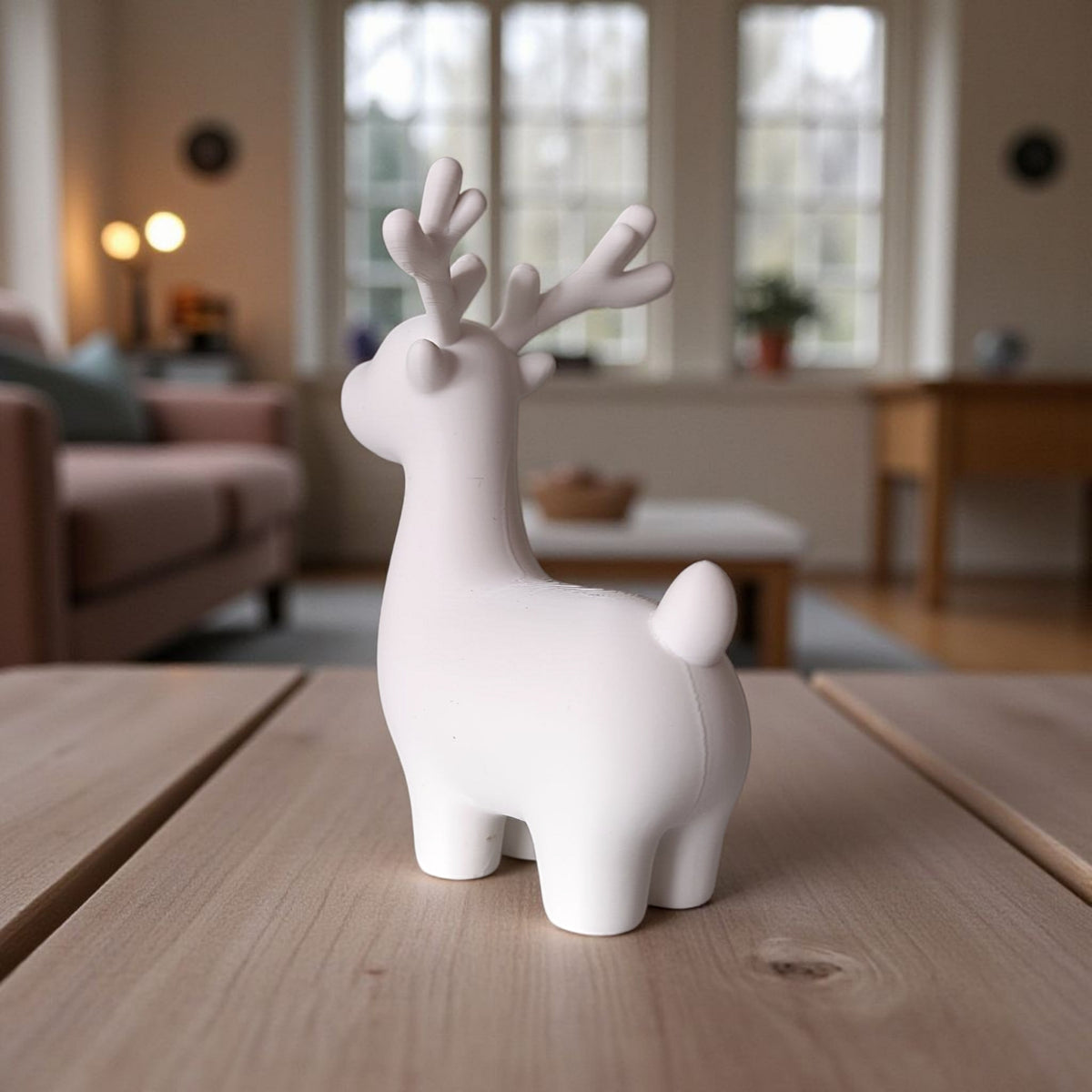 Close-up of minimalist Christmas reindeer decoration showing clean lines