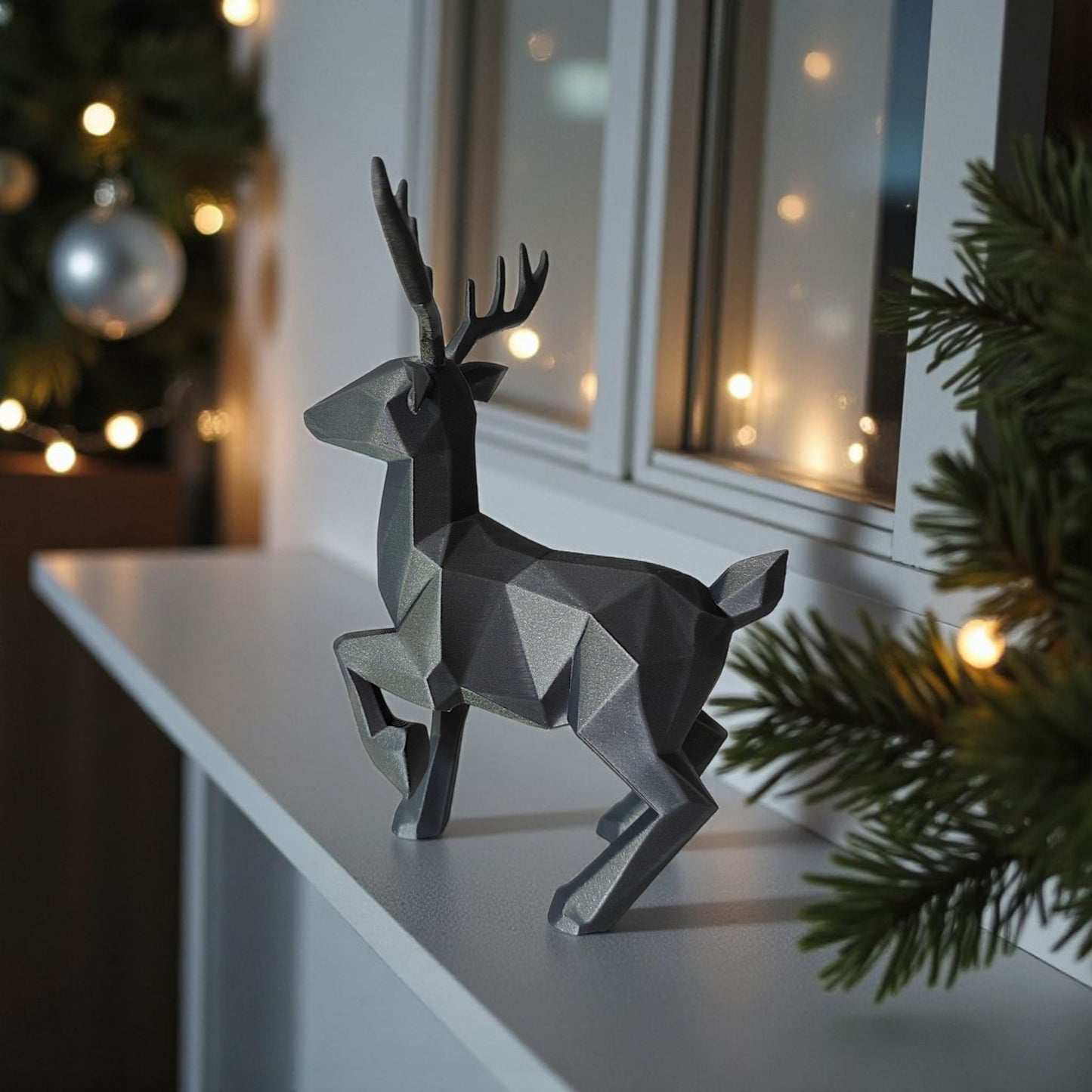 Detail of reindeer antlers and head showing clean geometric lines and texture