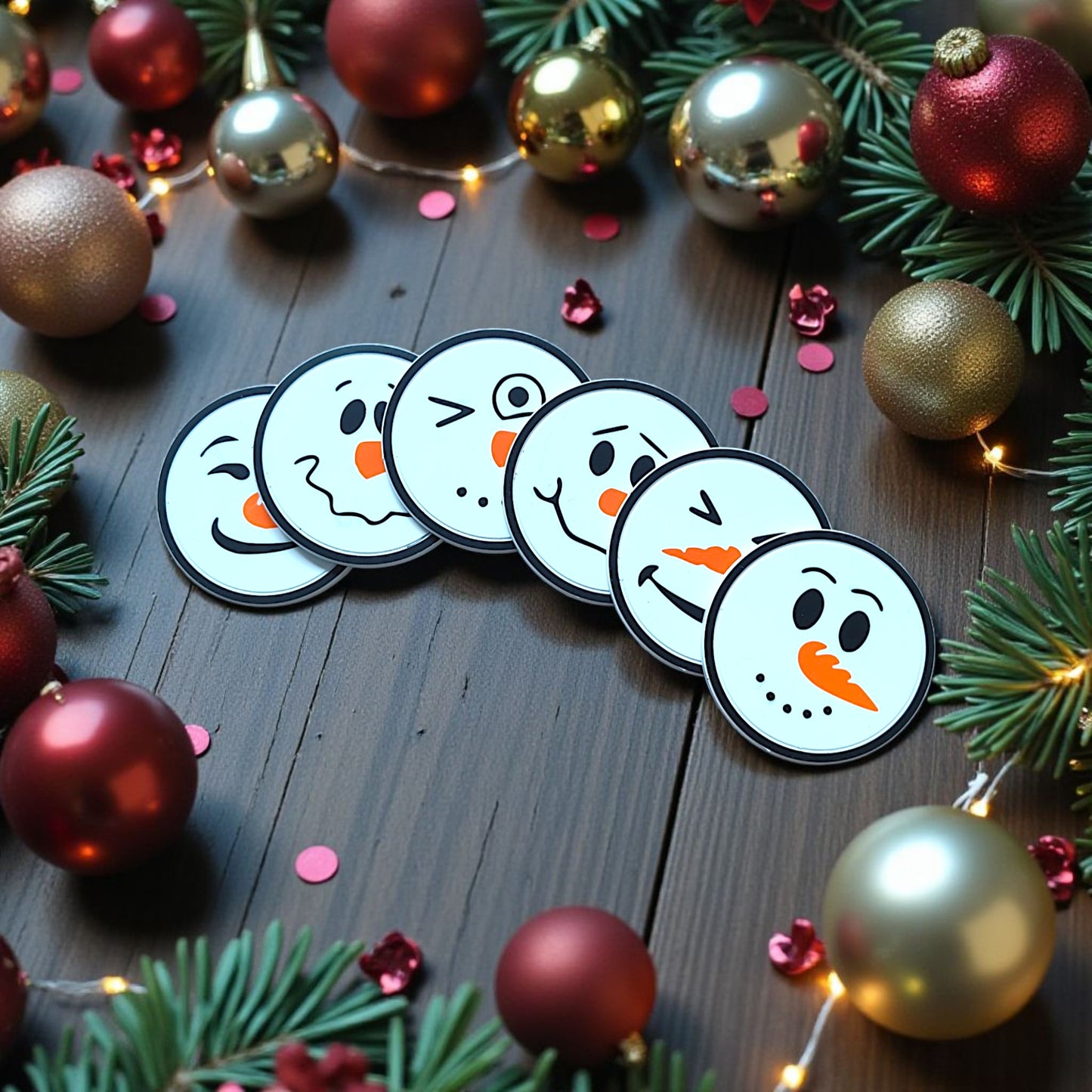Six snowman coasters with different faces stacked in matching holder