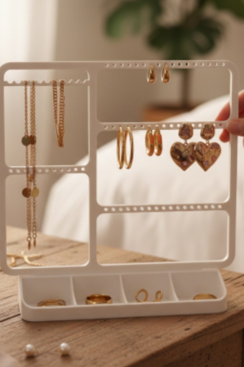 Minimalist jewelry organizer displaying earrings, rings, and necklaces in clean white design