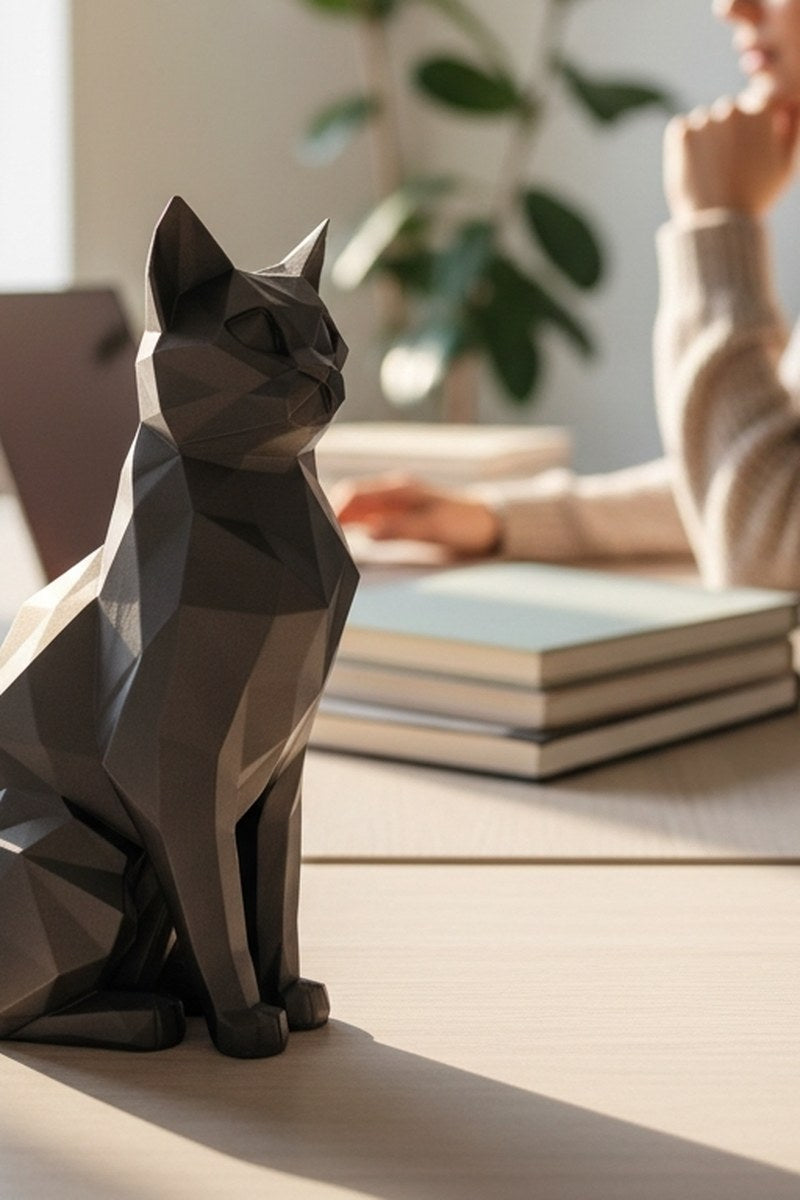 Close-up of low poly cat sculpture showing geometric facets and angles