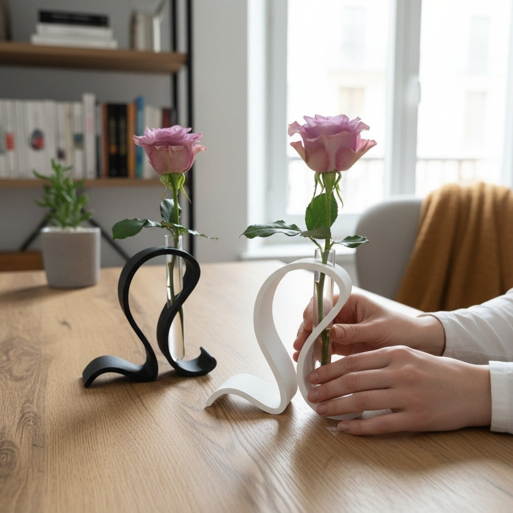 Minimalist test tube vase with single green stem in Scandinavian interior