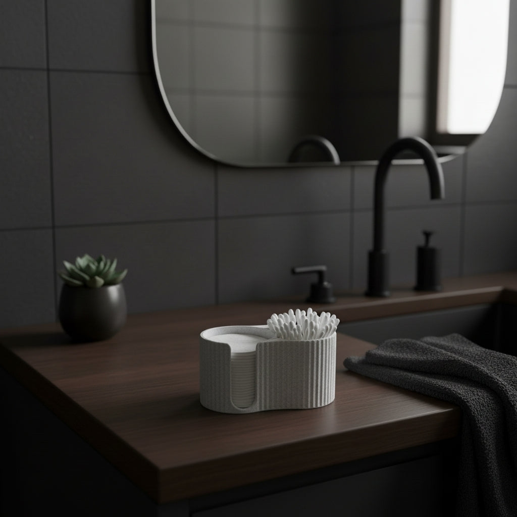 Cotton pad dispenser styled on bathroom shelf with plant and ceramics