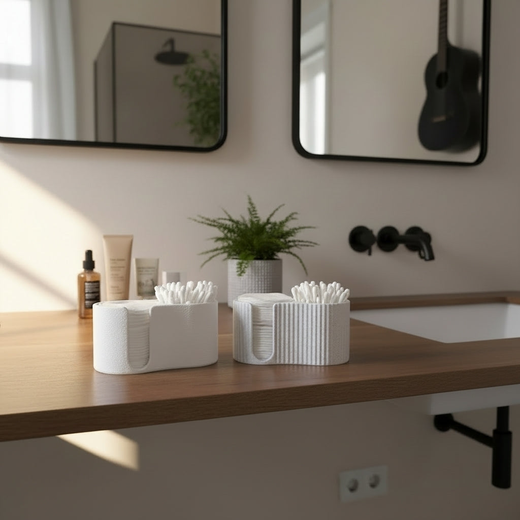 Textured ribbed pattern on modern cotton pad and Q-tip holder