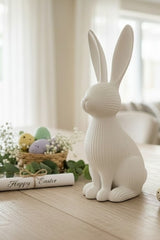 Close-up of modern ribbed Easter bunny decoration showing vertical line texture