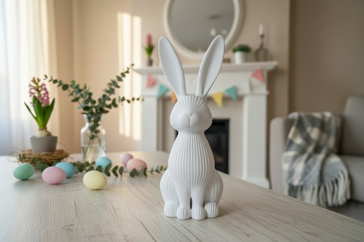 Modern Easter bunny decoration standing on a neutral shelf with minimalist styling