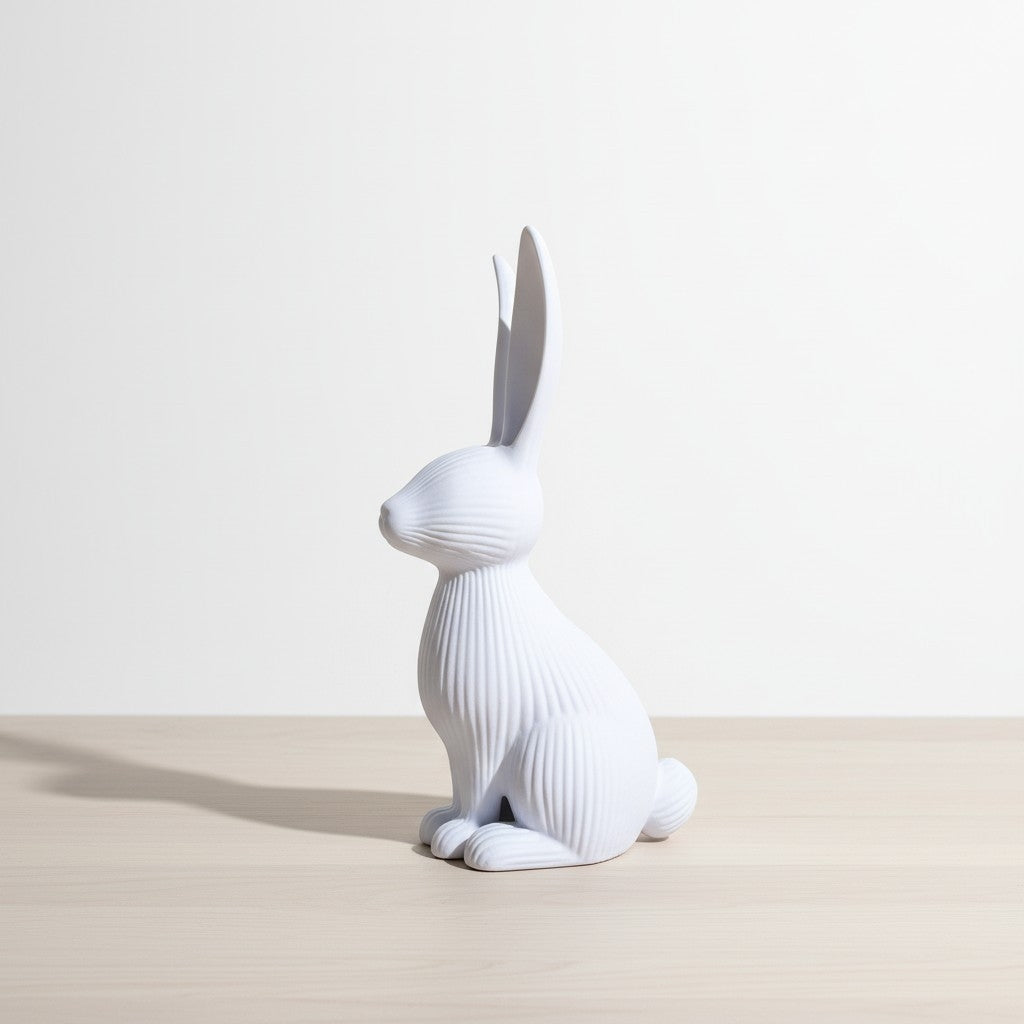 Close-up of modern ribbed Easter bunny decoration showing vertical line texture