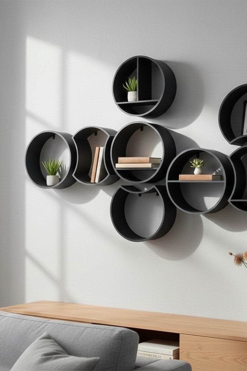 Close-up of a single round modular shelf with integrated mounting tabs