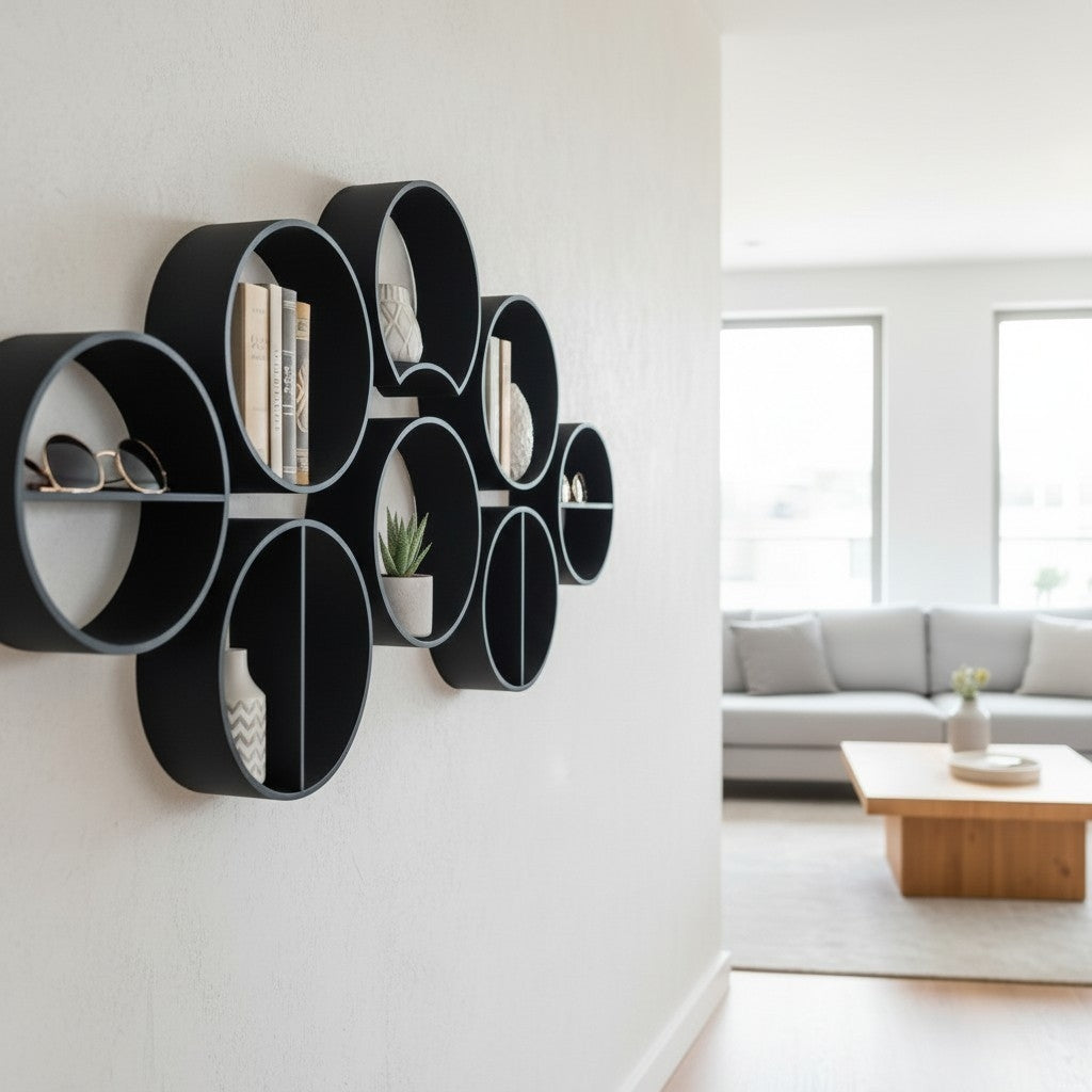 Three modular round shelves arranged vertically on a white wall displaying small objects