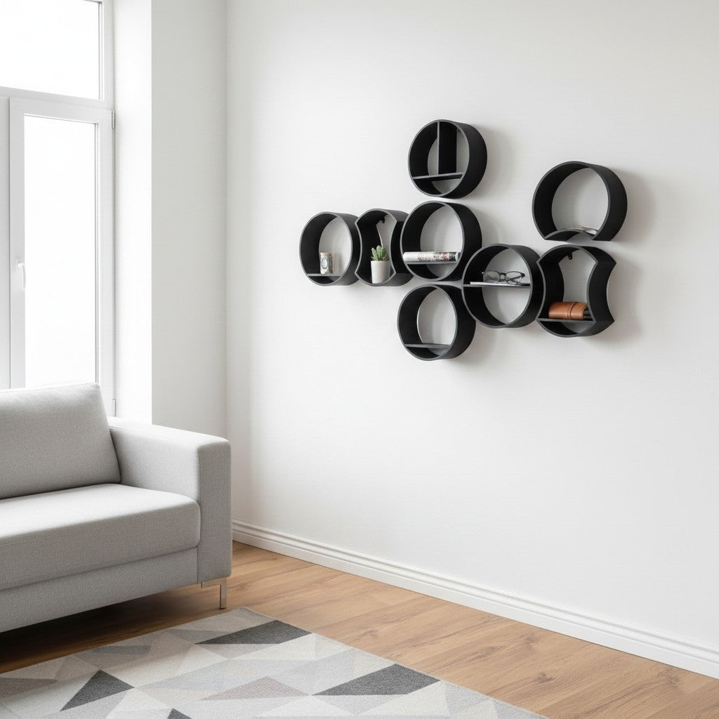 Detail of the circular edge and texture of the modular round shelf system