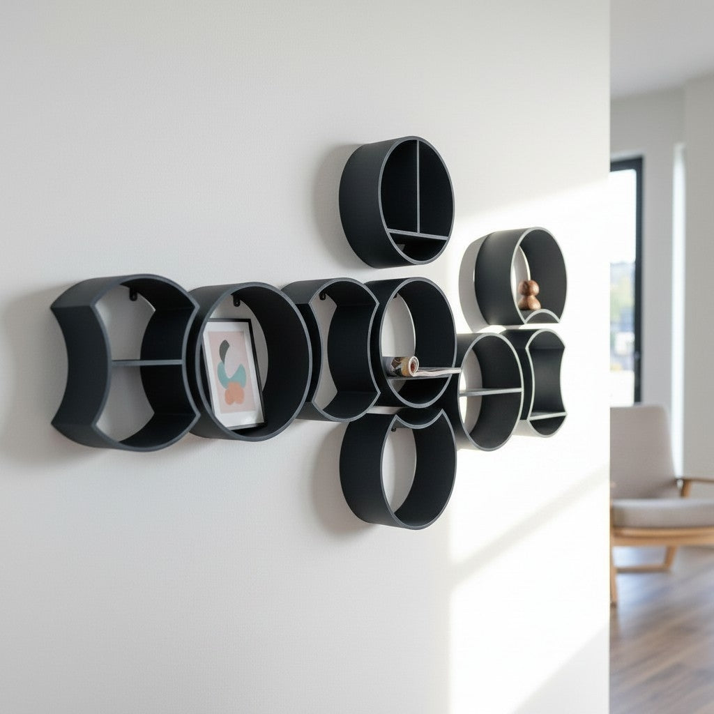 Close-up of a single round modular shelf with integrated mounting tabs