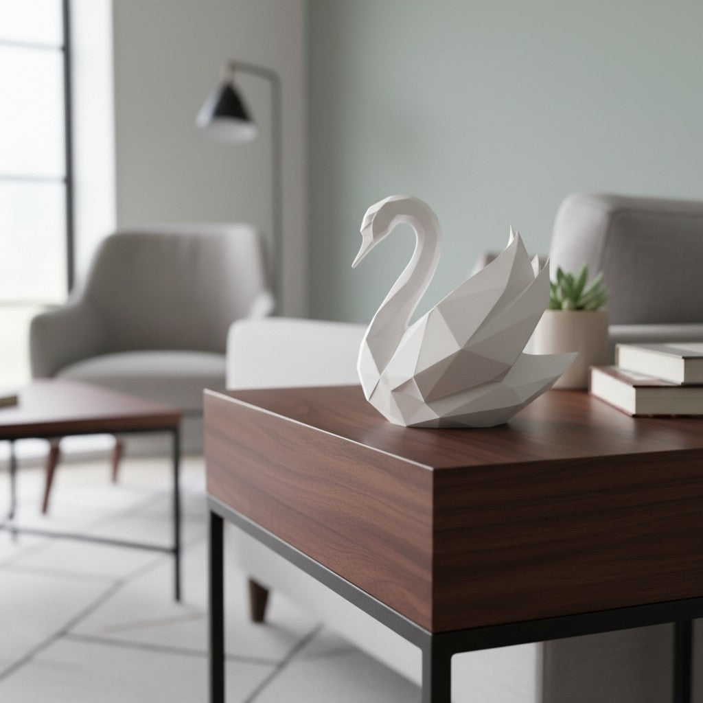 Low poly swan sculpture displayed on wooden shelf in minimalist room setting