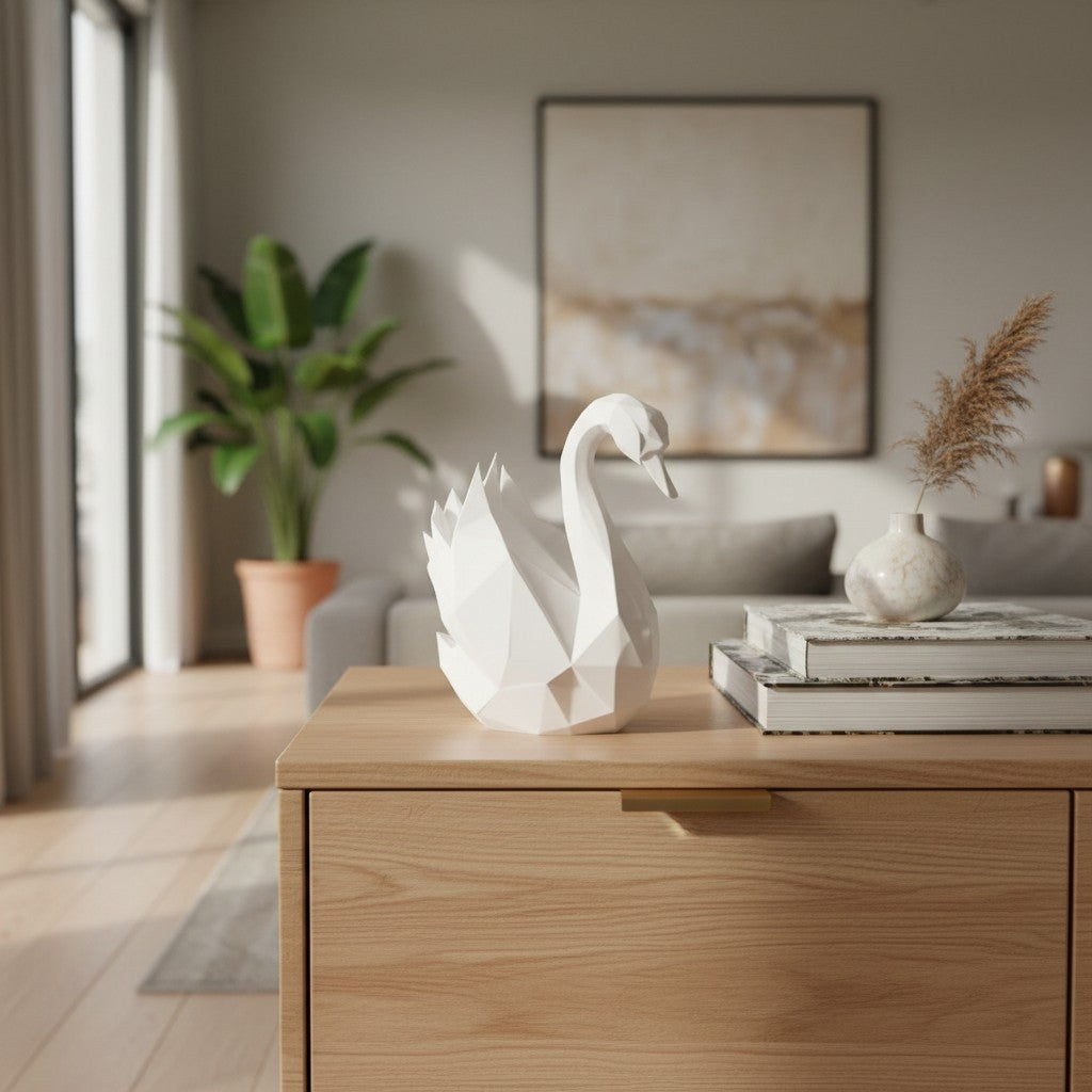 Geometric planes and clean lines of white swan sculpture detail