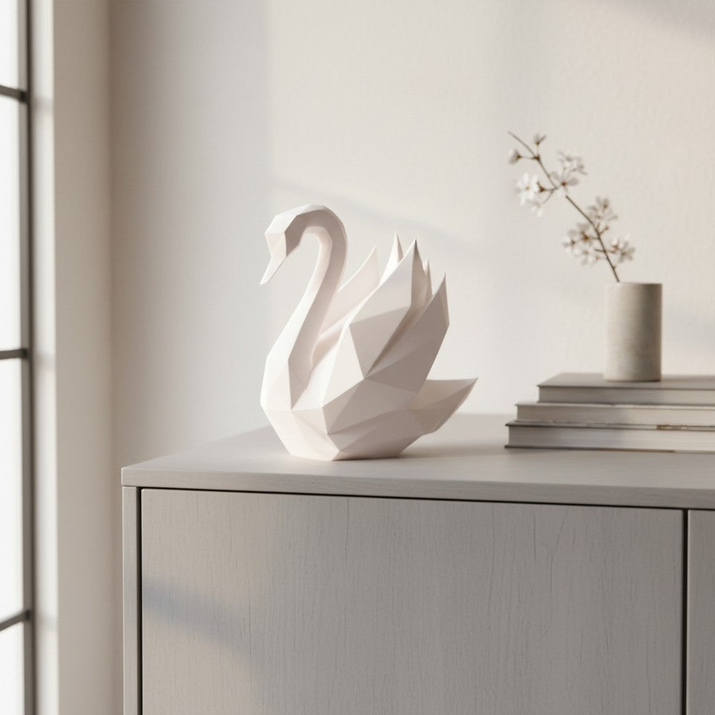 White low poly swan sculpture with angular geometric form, close-up detail