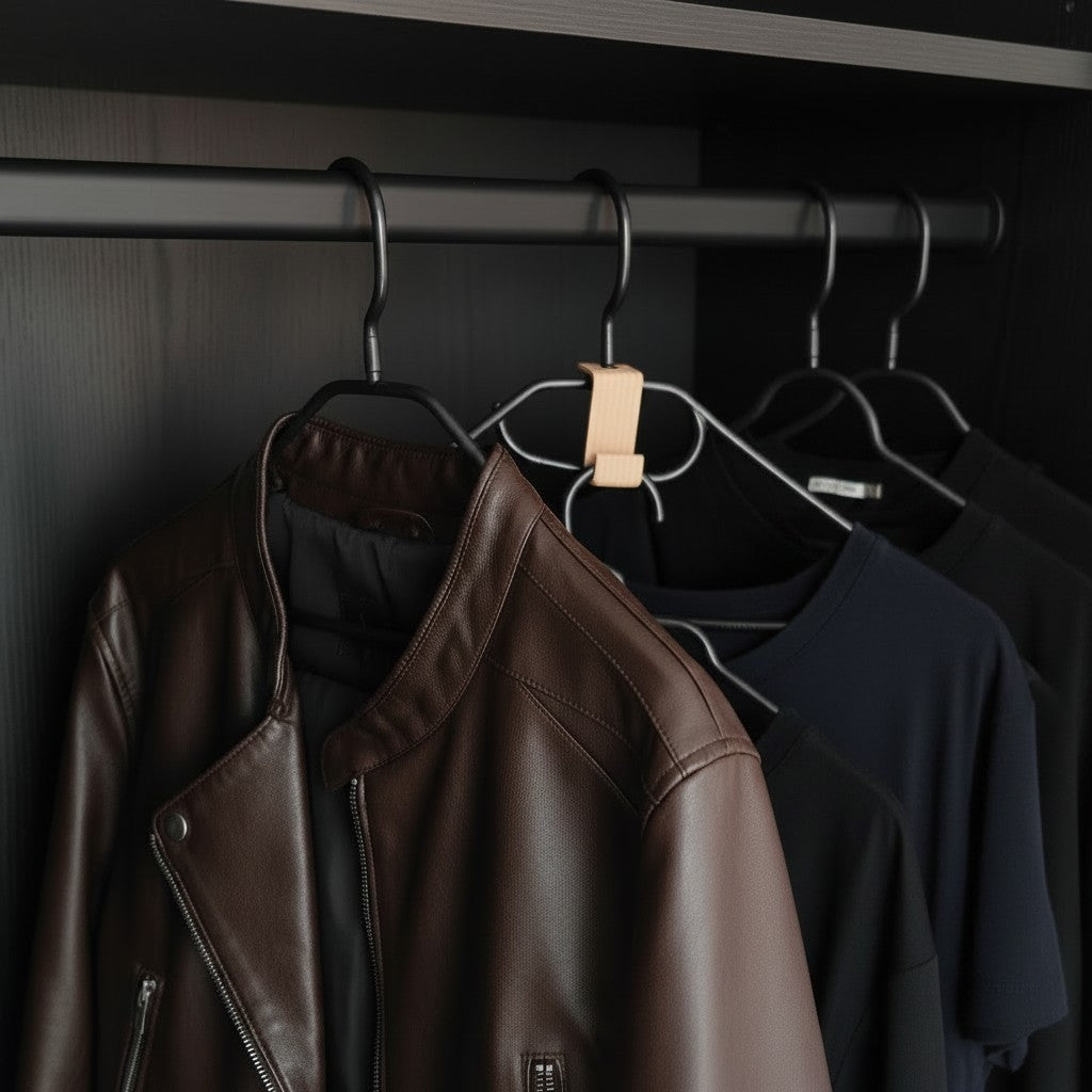 Clever clothes hanger hook connecting two wooden hangers
