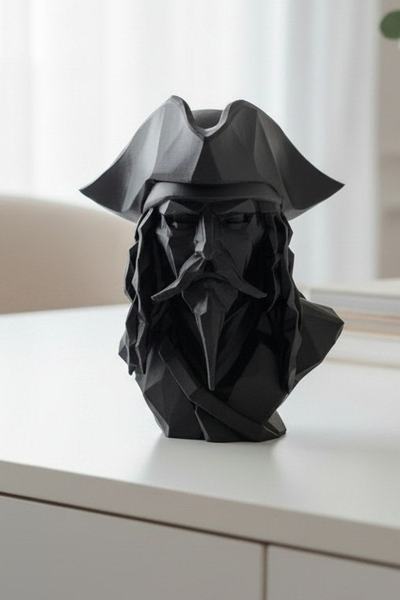 Close-up of low poly pirate bust showing geometric faceted surface detail