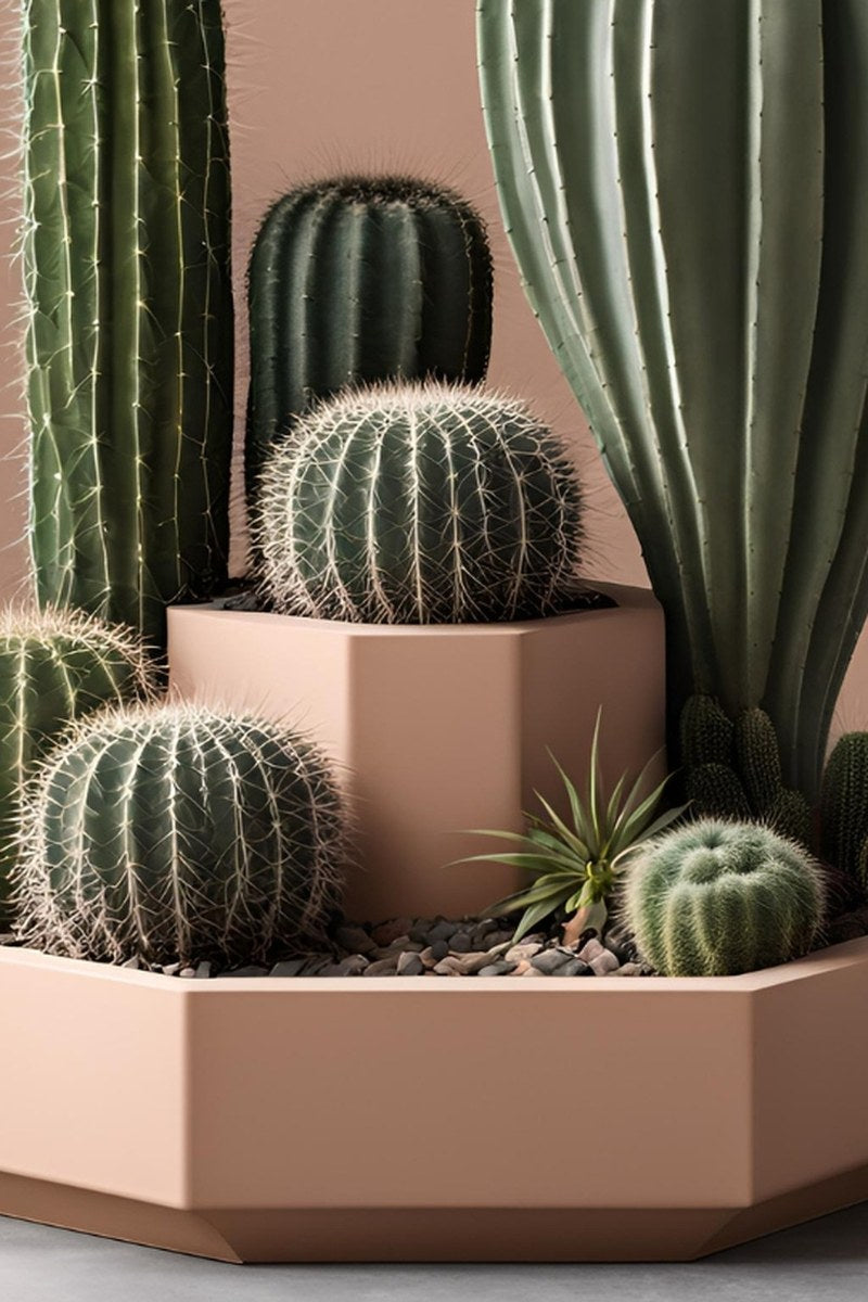 Close-up of octagonal cactus planter showing two-tier structure and geometric angles