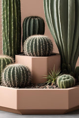 Close-up of octagonal cactus planter showing two-tier structure and geometric angles