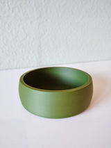 Small bonsai pot displayed on wooden shelf with potted tree and decor
