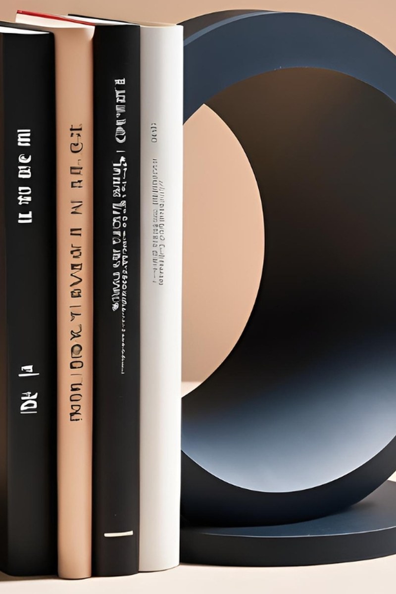 White circular bookend holding stack of books on wooden shelf