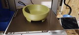 Round bonsai pot styled on wooden shelf with small plant specimen